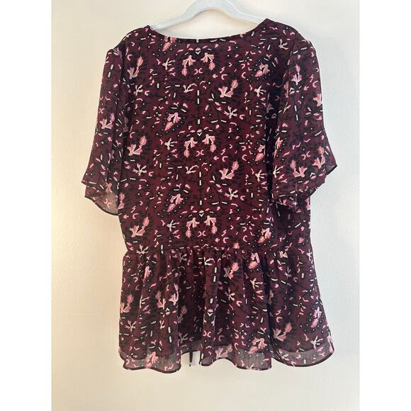 Madewell Georgette Flutter-Sleeve Peplum Paisley Dark Purple Faux Wrap Blouse XS - Picture 3 of 7